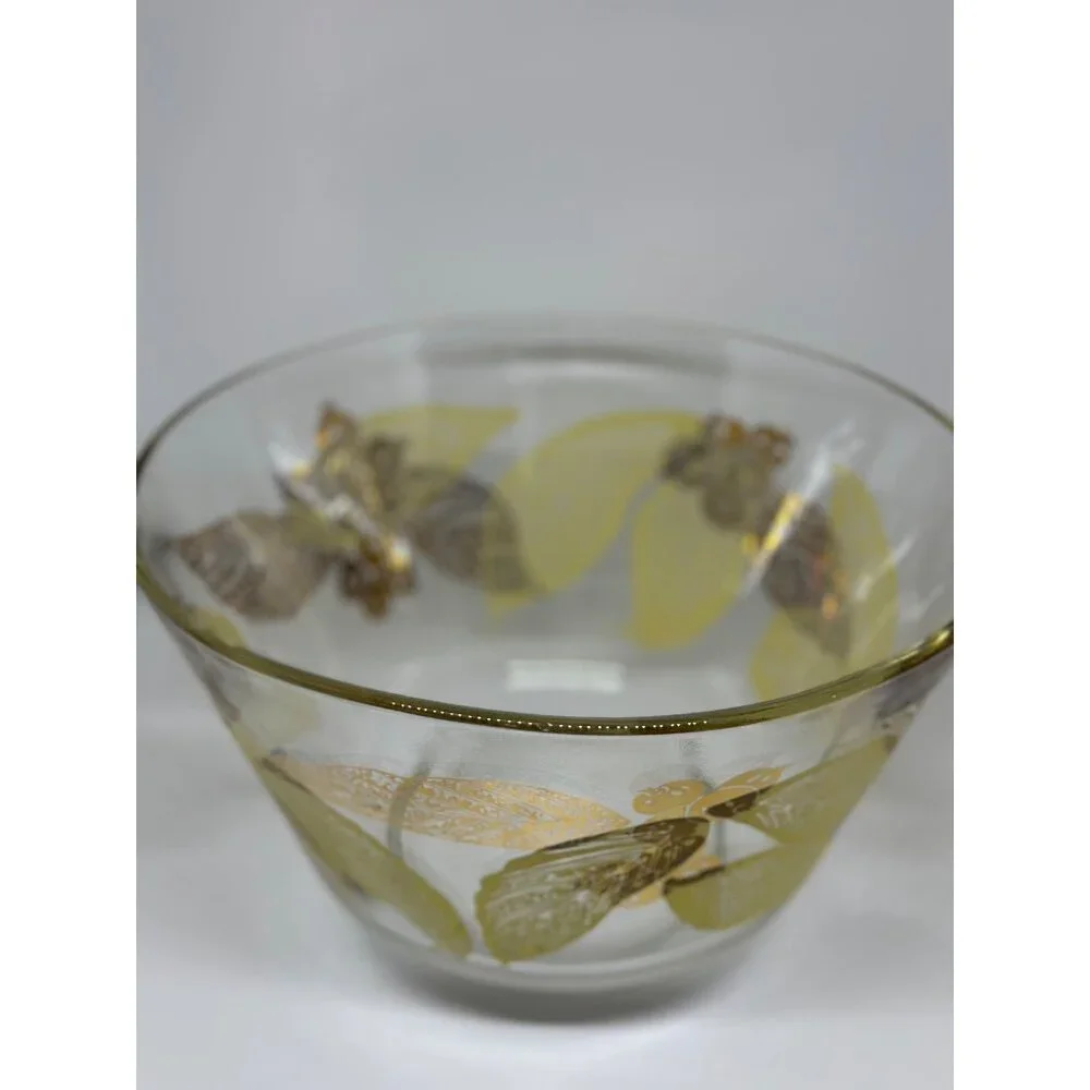 Vintage Anchor Hocking Gold Painted Fruit & Leaves MCM Glass Snack Bowl 6